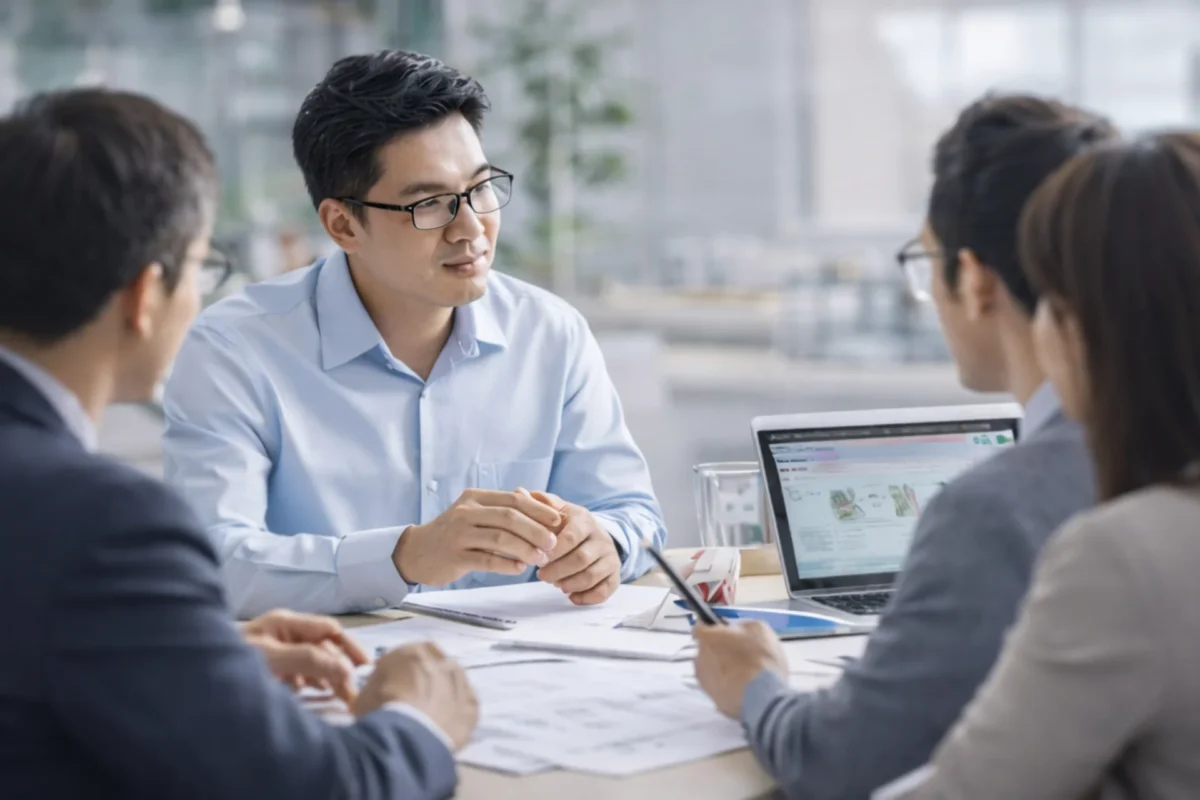 Four people in a business meeting around a table, discussing documents and using a laptop in an office setting.