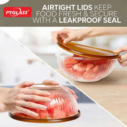 Two images showing a glass container with airtight lid being used to store watermelon pieces, emphasizing freshness and leakproof sealing.