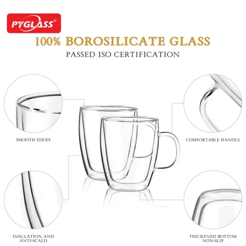 Two borosilicate glass cups with smooth edges, comfortable handle, thickened bottom, anti-scald insulation, and detailed features labeled.
