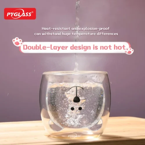 Double-layer glass cup with heat-resistant and explosion-proof design, featuring a cute animal motif and transparent layering.