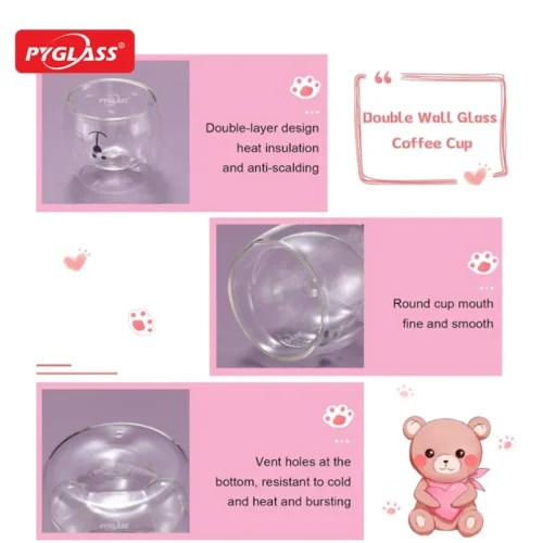 Double wall glass coffee cup with heat insulation and anti-scalding, featuring a smooth round rim and vent holes for durability.