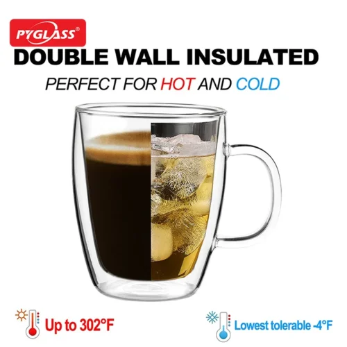 Transparent double wall insulated glass cup showcasing hot coffee on one side and iced beverage with cubes on the other, suitable for temperatures up to 302°F and down to -4°F.