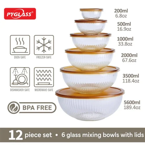 Set of 6 glass mixing bowls with golden lids, labeled with capacities and icons for oven, freezer, microwave, and dishwasher safety.