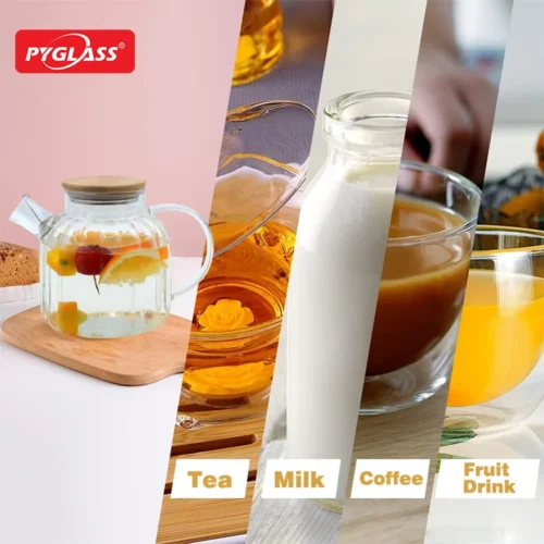 A Pyglass-branded display showcasing beverages including tea, milk, coffee, and fruit drinks in clear glasses and jars.