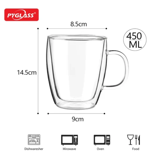 Clear Pyglass 450ml double-wall glass mug with handle, displaying measurements: 14.5cm height, 8.5cm width, 9cm diameter, dishwasher and microwave-safe.