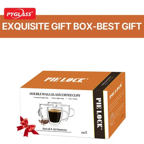 Box of Pyglass double wall glass coffee cups with gift packaging, featuring two glass mugs and labeled as a 4-16 ounce set.