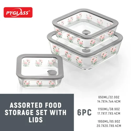 Three Pyglass food storage containers with lids featuring floral designs and varying sizes. Text displays measurements and capacity.