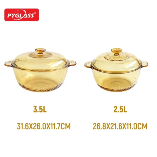 Two Pyglass glass casserole dishes with lids, capacities 3.5L and 2.5L, with labeled dimensions on a white background.