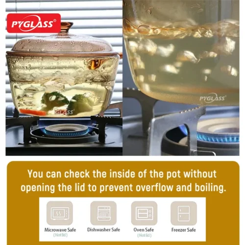 Transparent glass cooking pot by PYGLASS boiling vegetables on a gas stove, with a close-up view showcasing clear visibility for monitoring food.