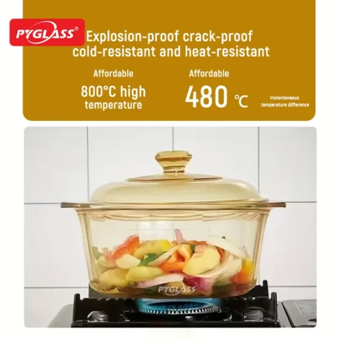 PYGLASS explosion-proof glass pot filled with vegetables on a stove, highlighted for its high temperature resistance of 800°C.