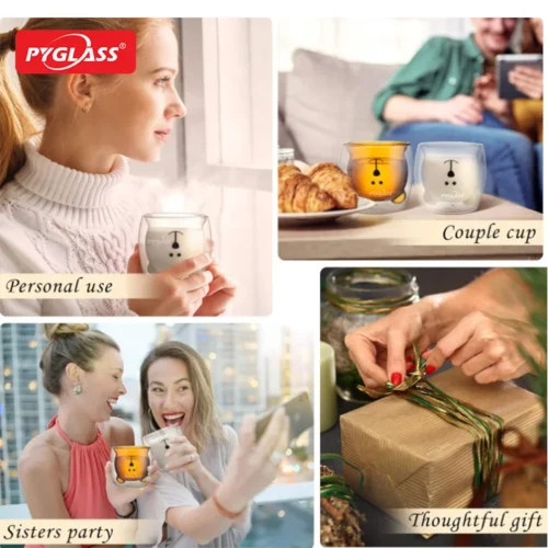 Collage featuring Pyglass mugs in various lifestyle situations including personal use, couple setting, sisters party, and gift wrapping.