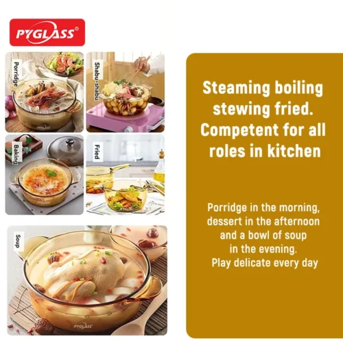 Collage showcasing Pyglass multiuse glass cookware being used for porridge, shabu-shabu, baking, frying, and soup preparation.