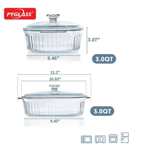 Two clear Pyrex glass baking dishes with lids, showing dimensions and a 3.0 QT capacity each; suitable for oven and microwave use.