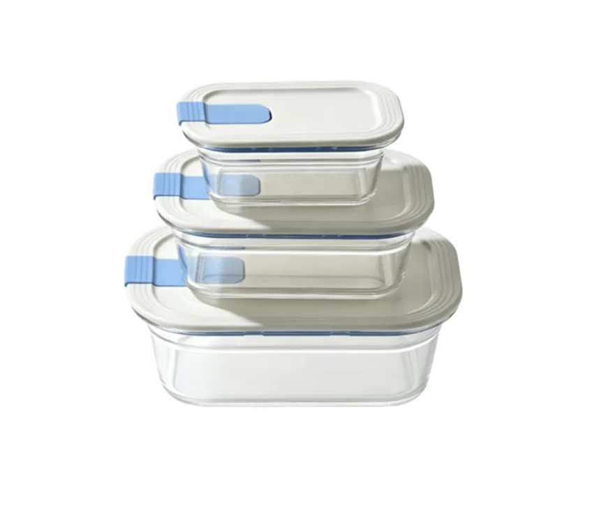 Three stacked transparent plastic containers with blue lid accents, varying sizes for food storage.